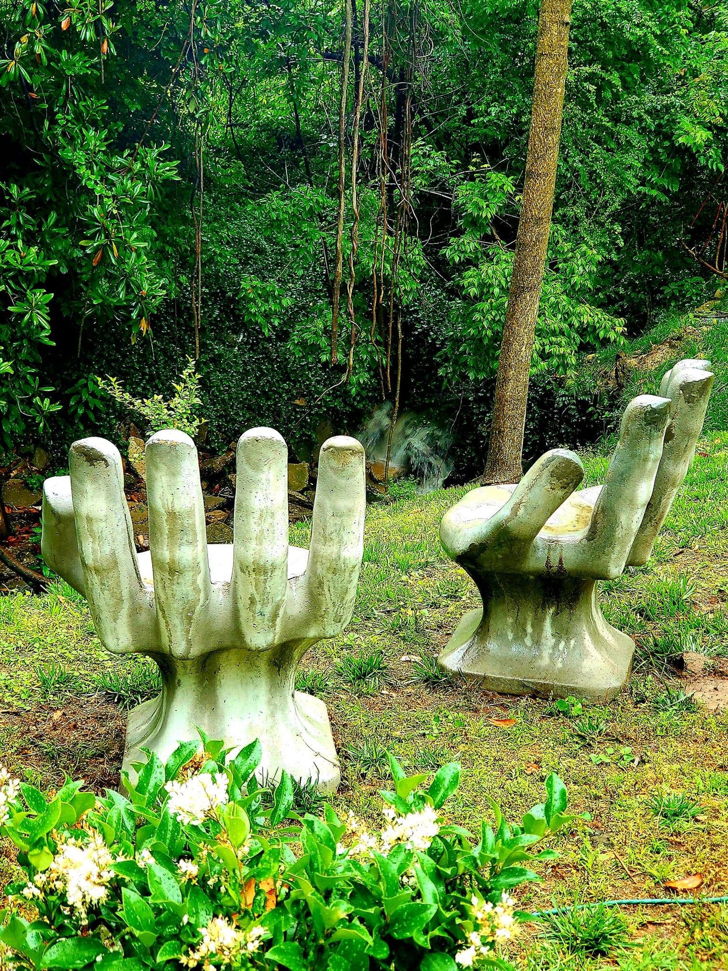 Set of 2 Abstract Sculptural Concrete Art Outdoor Seats Hand Shaped