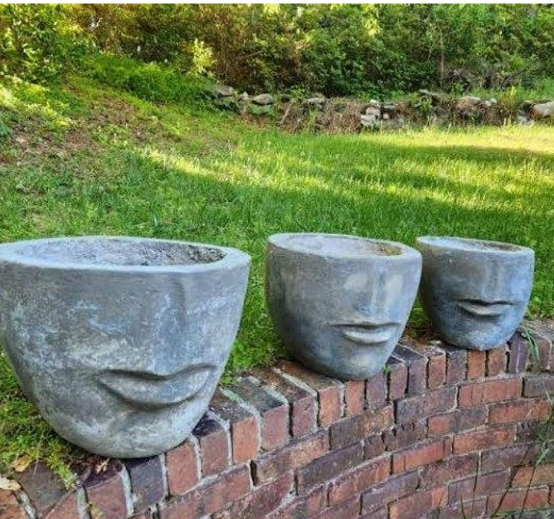 Contemporary Concrete Face Planters, Set of 3
