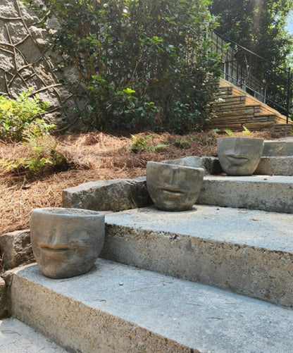 Contemporary Concrete Face Planters, Set of 3