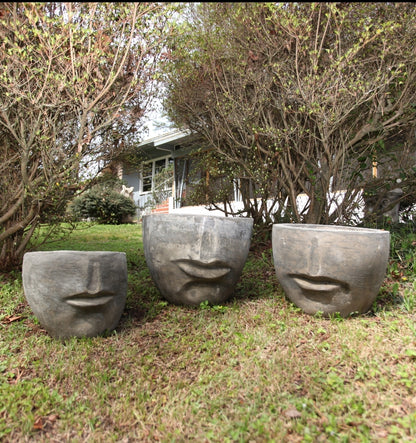 Contemporary Concrete Face Planters, Set of 3