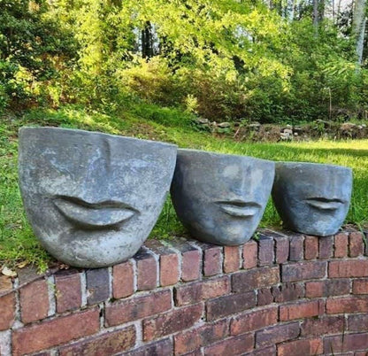 Contemporary Concrete Face Planters, Set of 3