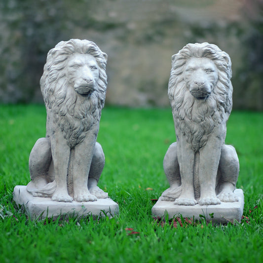 Estate Lions Concrete Statues, Set of 2